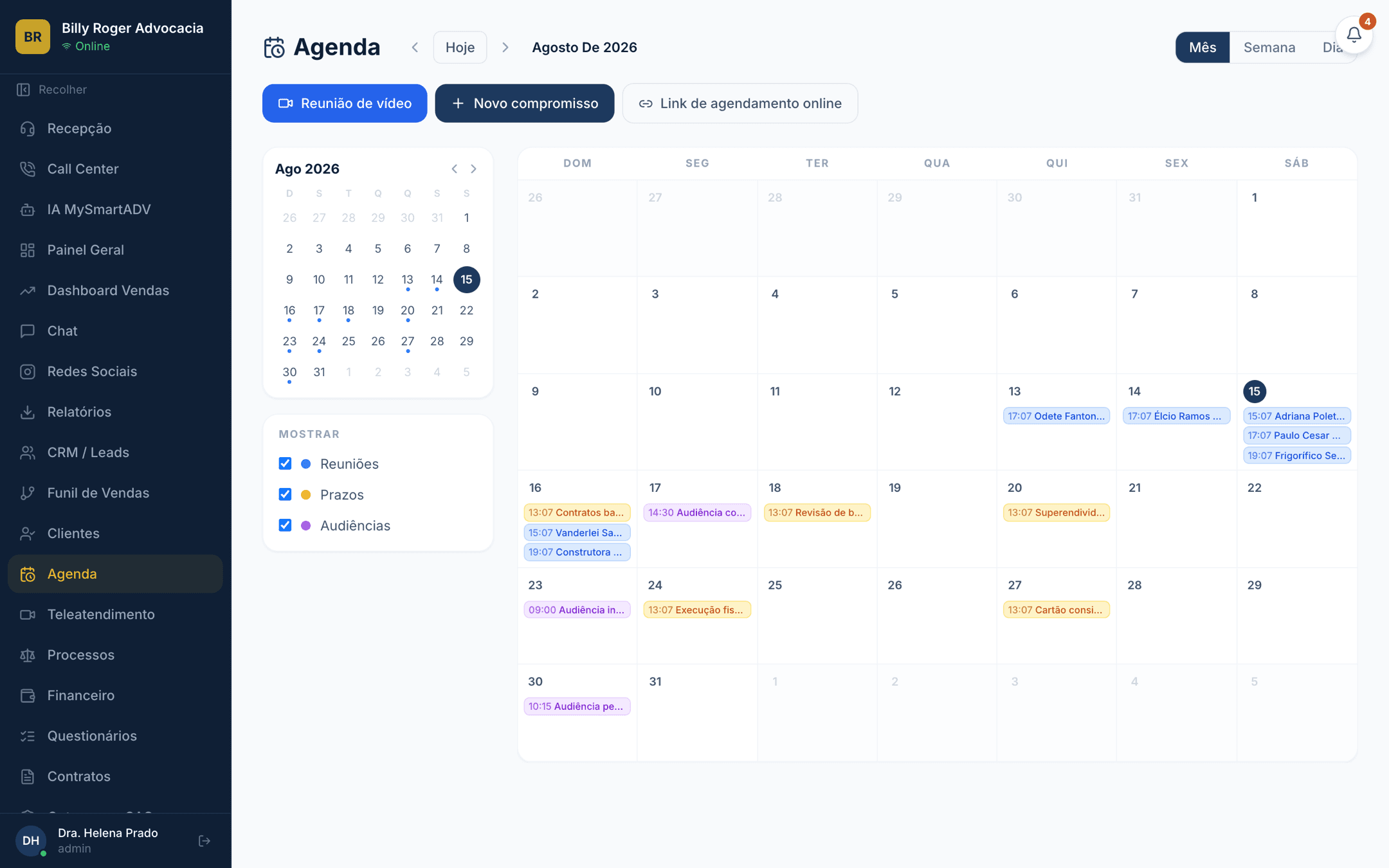 Agenda do MySmartADV com reuniões, prazos e audiências no mesmo calendário