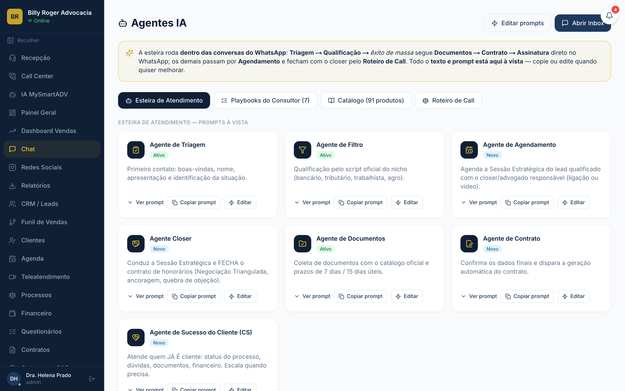 Tela de agentes de IA do MySmartADV, com a esteira de atendimento e o prompt de cada agente