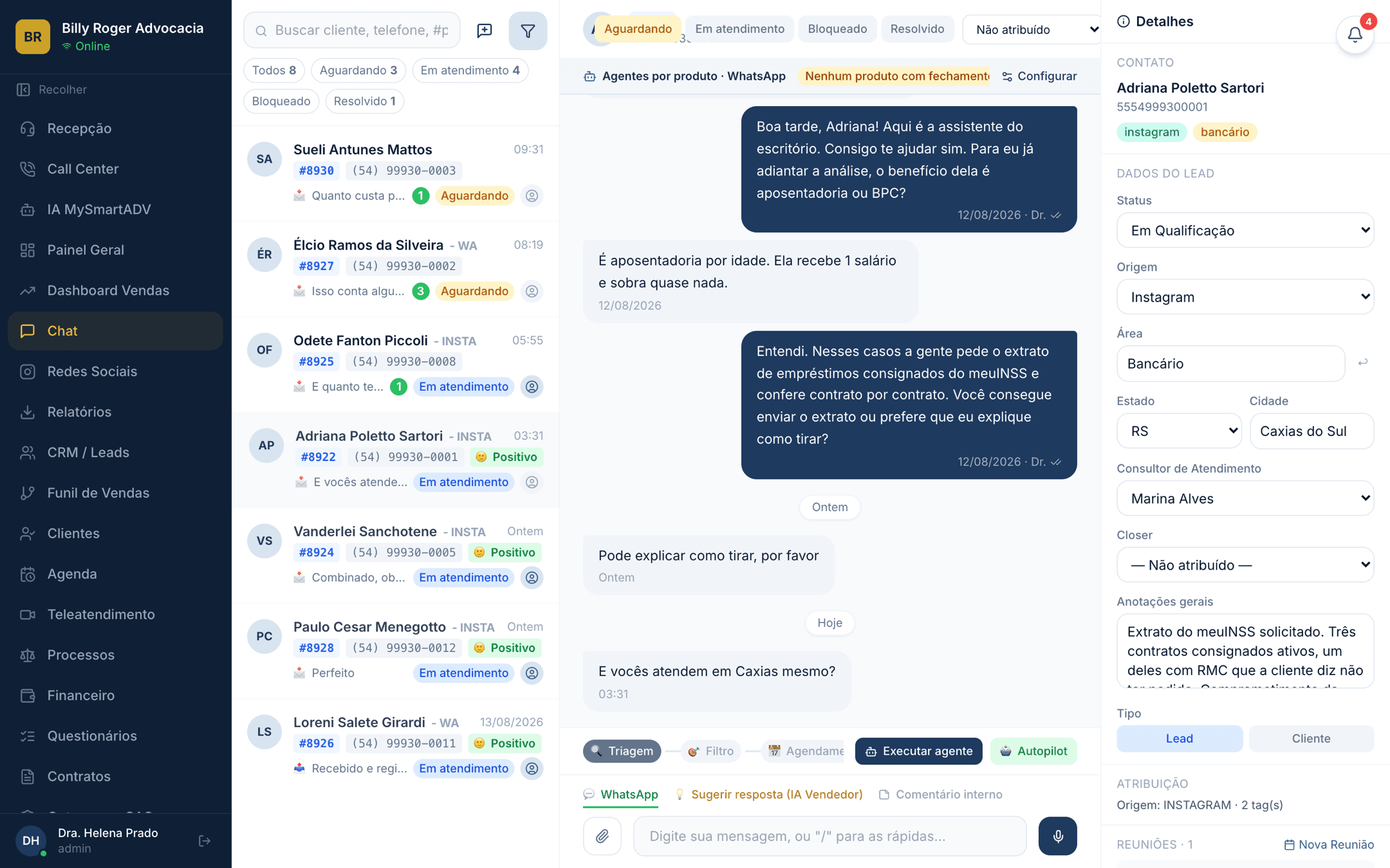 Chat do MySmartADV com a conversa aberta, a esteira de agentes e o painel do lead